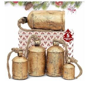 Akatva Large Brass Cow Bells for Rustic Christmas Decor - Set of 5 Vintage